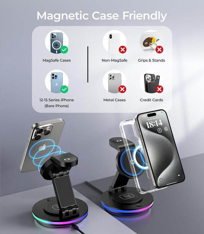 FACBINY 3 in 1 Wireless Charging Station for Multiple Devices, Rotatable & Foldable Magsafe Charger Stand with Night Light & 20W Adapter for Iphone 15/14/13/12 Series, Apple Watch 2 to 9, Airpods