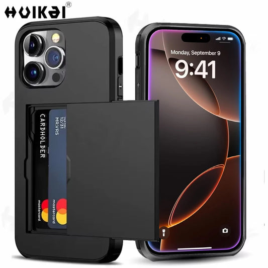 Case for Iphone 16 Pro Max 16 plus 15 Pro 15 14 13 12 11 Wallet Card Holder Slide Slot Slim Hard PC Heavy Duty Protective Covers