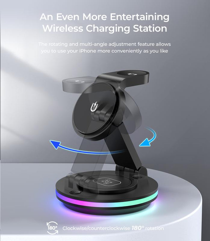 FACBINY 3 in 1 Wireless Charging Station for Multiple Devices, Rotatable & Foldable Magsafe Charger Stand with Night Light & 20W Adapter for Iphone 15/14/13/12 Series, Apple Watch 2 to 9, Airpods