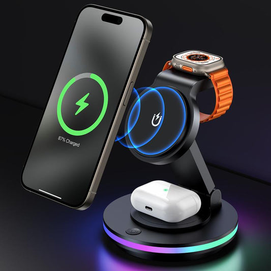 FACBINY 3 in 1 Wireless Charging Station for Multiple Devices, Rotatable & Foldable Magsafe Charger Stand with Night Light & 20W Adapter for Iphone 15/14/13/12 Series, Apple Watch 2 to 9, Airpods