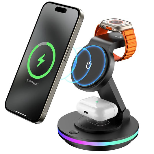 FACBINY 3 in 1 Wireless Charging Station for Multiple Devices, Rotatable & Foldable Magsafe Charger Stand with Night Light & 20W Adapter for Iphone 15/14/13/12 Series, Apple Watch 2 to 9, Airpods