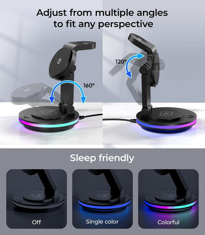 FACBINY 3 in 1 Wireless Charging Station for Multiple Devices, Rotatable & Foldable Magsafe Charger Stand with Night Light & 20W Adapter for Iphone 15/14/13/12 Series, Apple Watch 2 to 9, Airpods