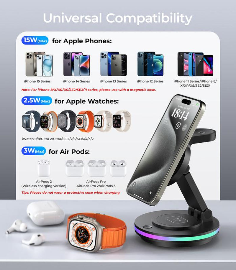 FACBINY 3 in 1 Wireless Charging Station for Multiple Devices, Rotatable & Foldable Magsafe Charger Stand with Night Light & 20W Adapter for Iphone 15/14/13/12 Series, Apple Watch 2 to 9, Airpods